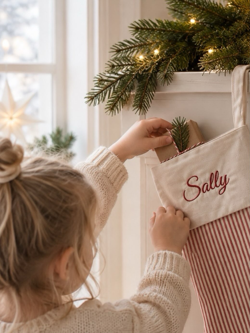 Barn lægger en gave i en julesok med broderet navn